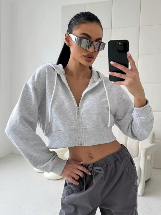 Damen Cropped Kapuzenjacke mit kurzem Reißverschluss und breitem Rippbund EB