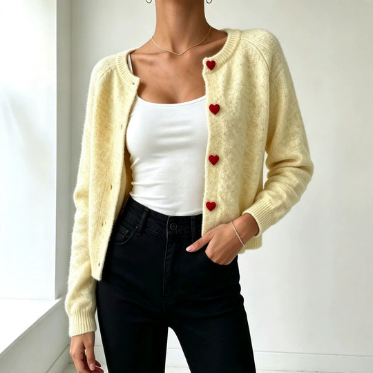 Damen Strickcardigan mit herzförmigen Zierknöpfen und weicher Mohair-Optik EB