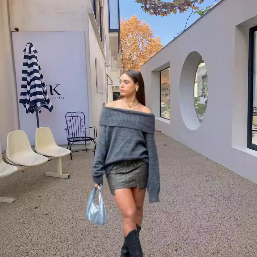 Damen Oversized Strickpullover mit schulterfreiem Design EB