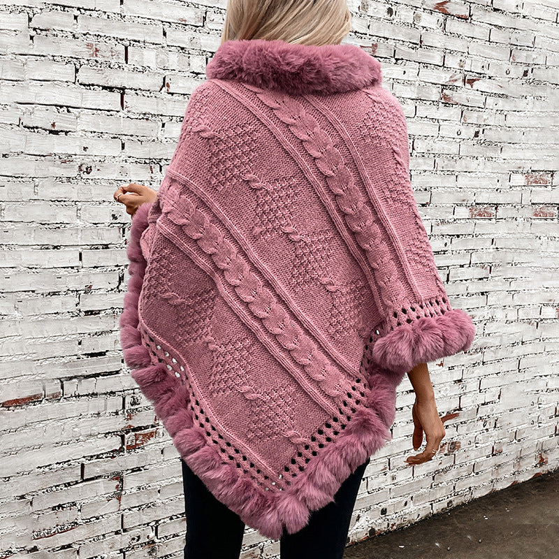Damen kuscheliger Strickponcho mit samtigem Fellbesatz EB