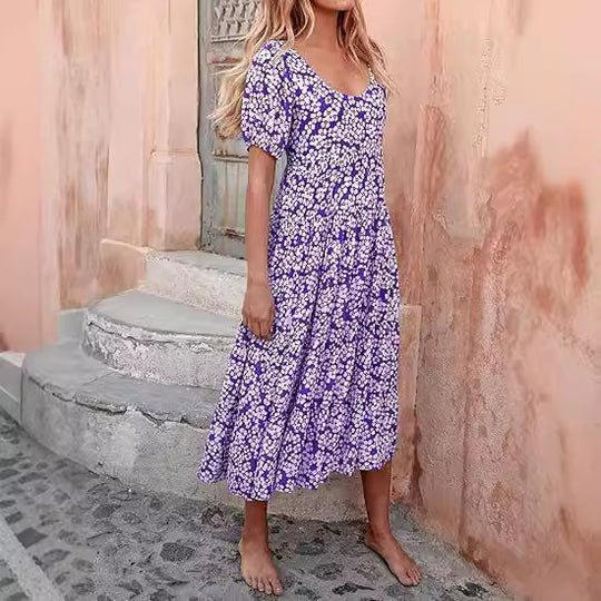 Damen Maxikleid mit Puffärmeln und Rüschendetails EB