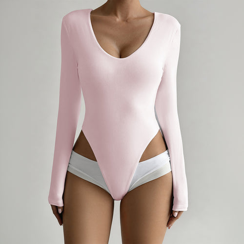 Damen Figurumspielender Langarm-Bodysuit mit tiefem Ausschnitt EB