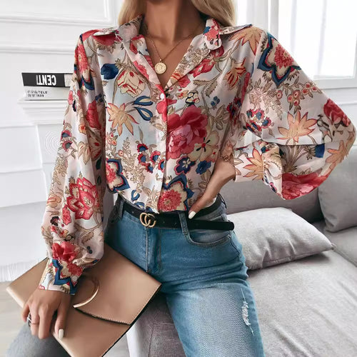 Damen elegante Bluse mit floralem Muster und modernen Puffärmeln EB