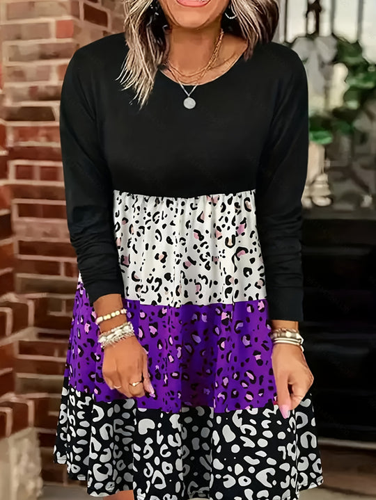 Damen Freizeitkleid mit bunten Tiermuster-Abschnitten und langen Ärmeln Heidi-Mode