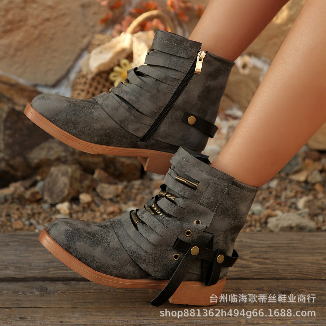 Damen Fransen-Ankle-Boots mit geschichteten Riemen und seitlichem Reißverschluss EB