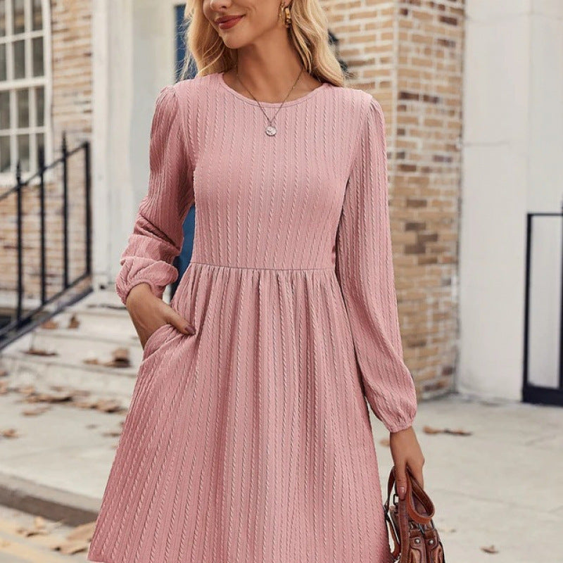 Damen Rippstrick A-Linien Kleid mit Puffärmeln EB