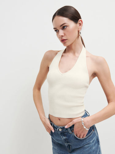 Damen figurbetontes Haltertop mit tiefem V-Ausschnitt und Rippstruktur EB
