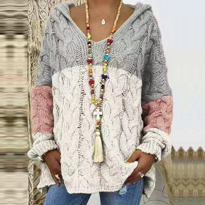 Damen nan grob gestrickter Kapuzenpullover mit Zopfmuster und weitem Oversize-Schnitt EB