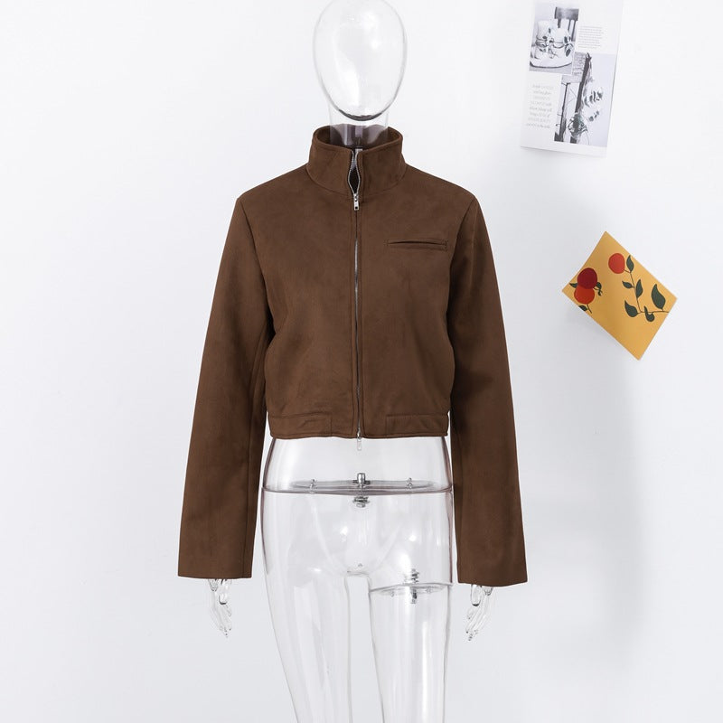 Damen Kurze Veloursjacke mit Stehkragen und seitlichem Reißverschluss EB