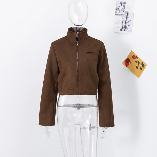 Damen Kurze Veloursjacke mit Stehkragen und seitlichem Reißverschluss EB