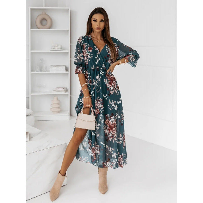 Damen elegantes Maxikleid mit animalischen Mustern und modischem Schlitz EB