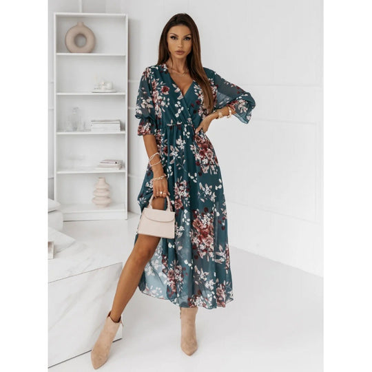 Damen elegantes Maxikleid mit animalischen Mustern und modischem Schlitz EB