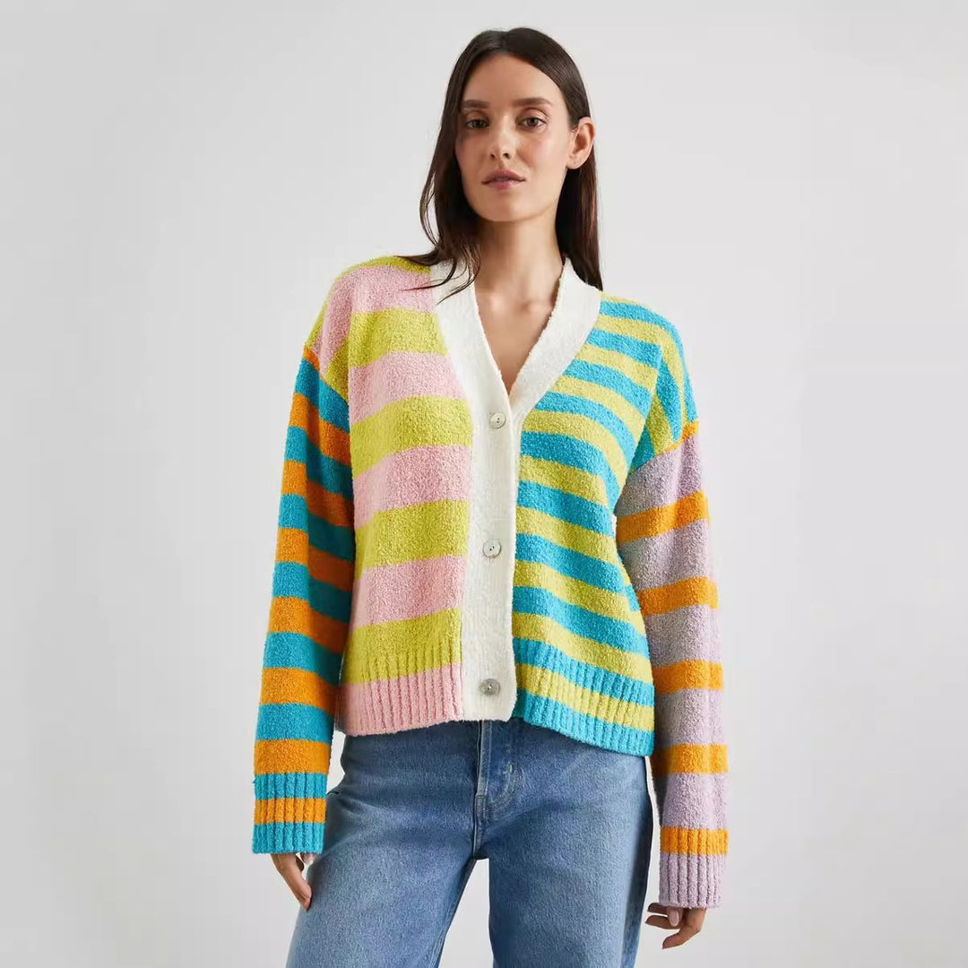 Damen lockerer gestreifter Frottee-Cardigan mit V-Ausschnitt und Knopfleiste EB