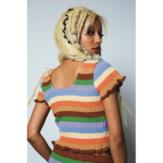 Damen figurbetontes Crop-Top mit modischen Streifen und Rüschendetails EB