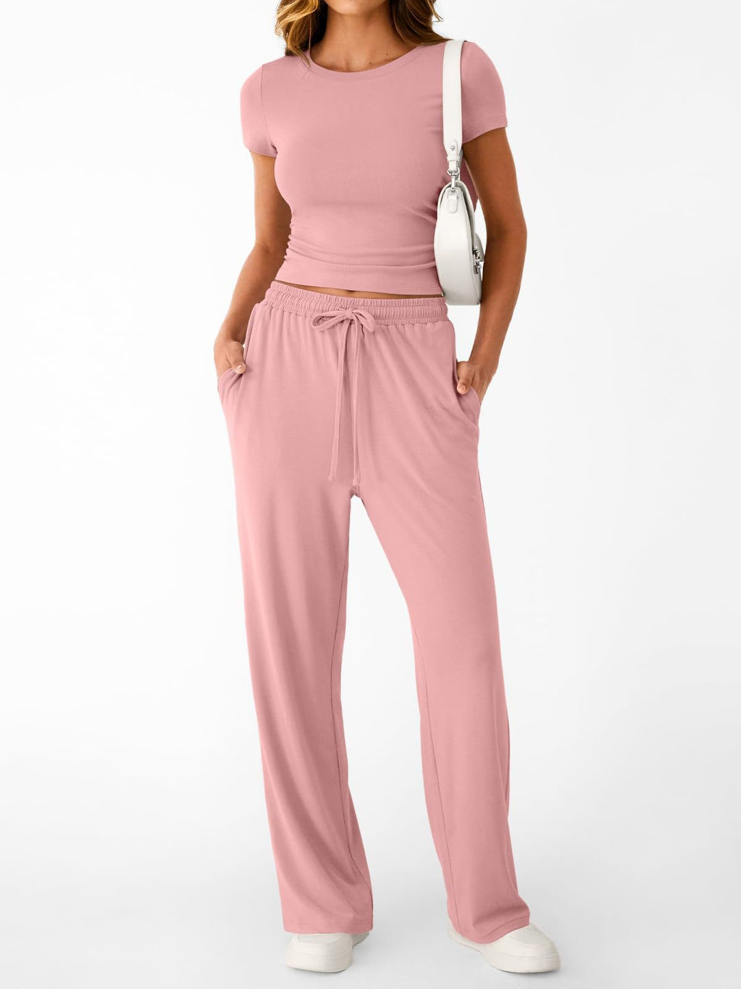 Damen lässiger Freizeitanzug mit kurzen Ärmel und weiten Hosen EB