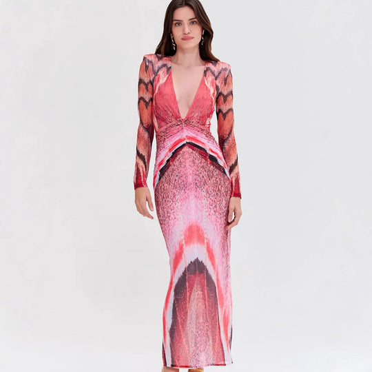 Damen elegantes bodenlanges Kleid mit tiefem V-Ausschnitt und raffinierten Ärmel-Details EB