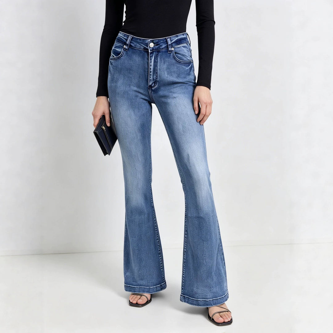 Damen nan High-Waist Flared-Jeans mit taillierendem Bund und weitem Schlag EB
