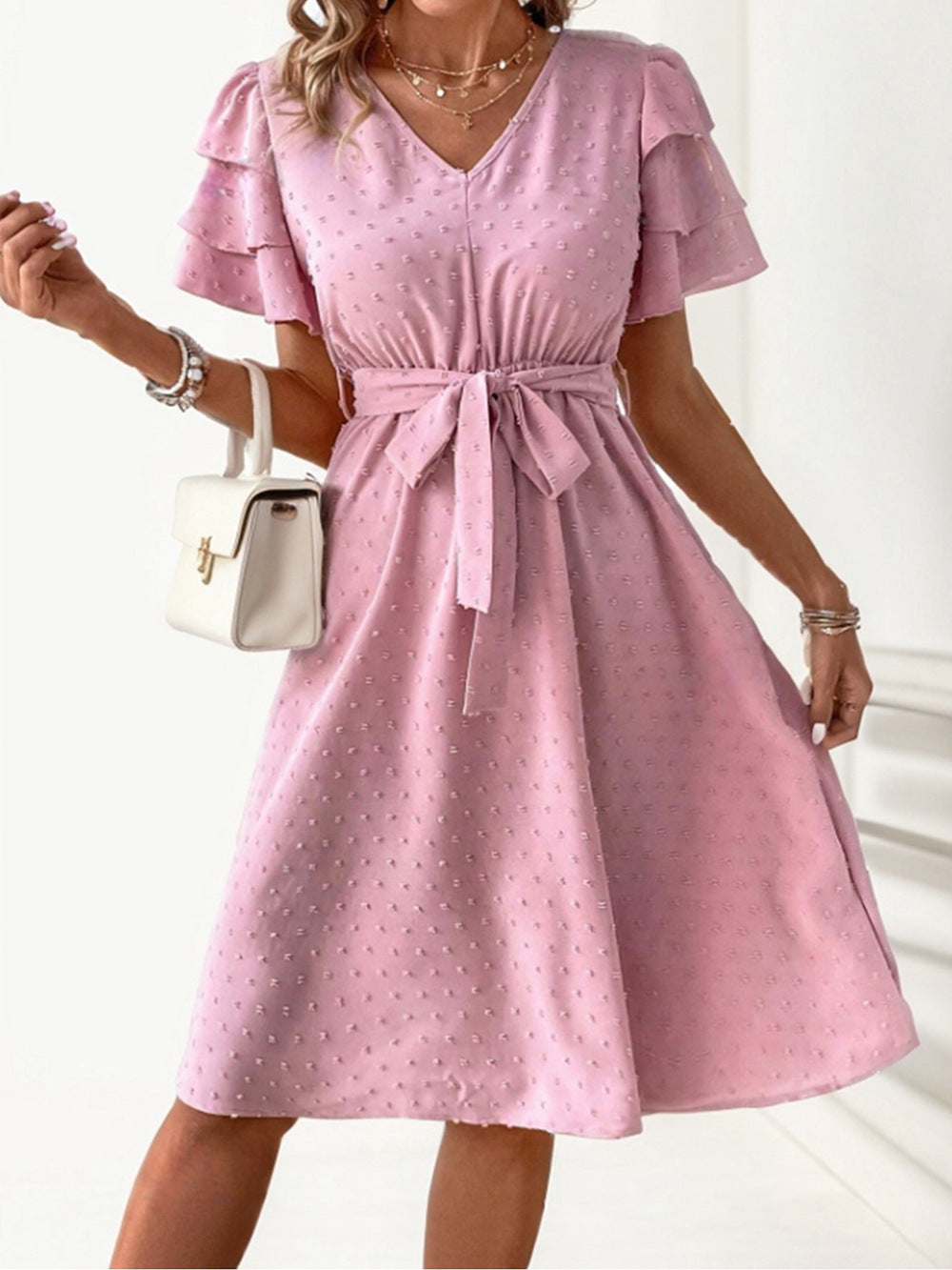 Damen Midi-Kleid mit schickem V-Ausschnitt und voluminösen Rüschensäumen EB