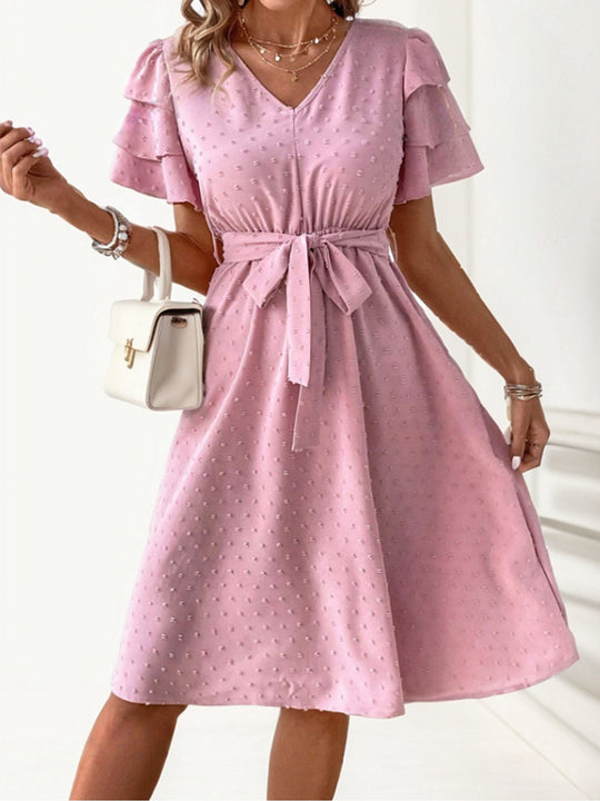 Damen Midi-Kleid mit schickem V-Ausschnitt und voluminösen Rüschensäumen EB