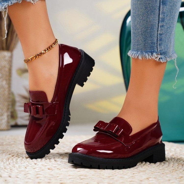 Damen nan elegante Lack-Plateau-Loafer mit dekorativer Schleife und profilierter Gummisohle EB