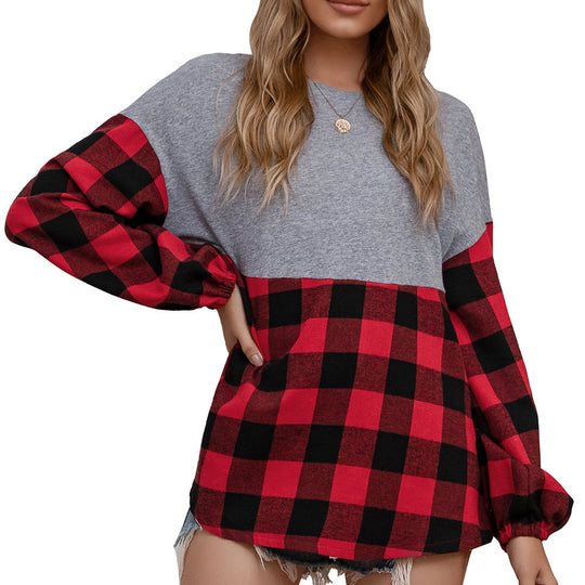 Damen lässiger Oversized Pullover mit Karomuster und voluminösen Ärmeln EB