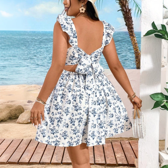 Damen Sommerliches Blütenkleid mit Rüschendetails und Quadrat-Ausschnitt EB