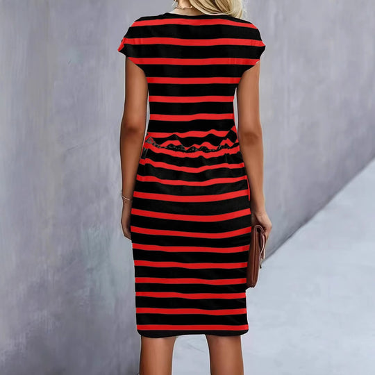 Damen Freizeitleinenkleid mit bunten Streifen und verstellbarem Taillenzug EB