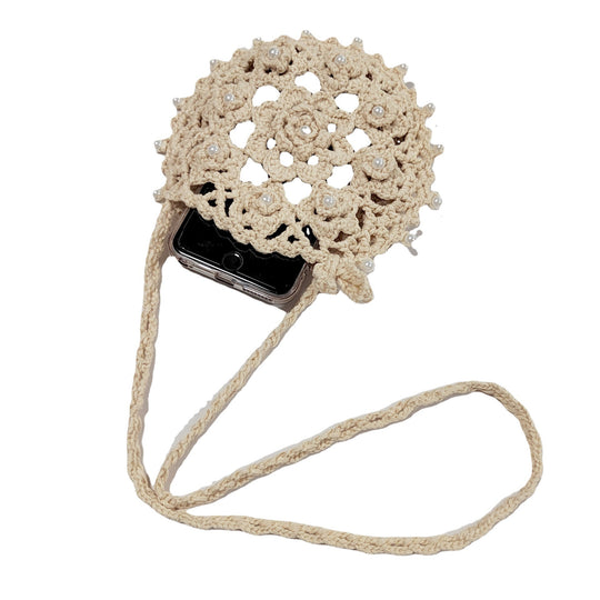 Damen handgefertigte Häkel-Handtasche mit Perlenschmuck EB