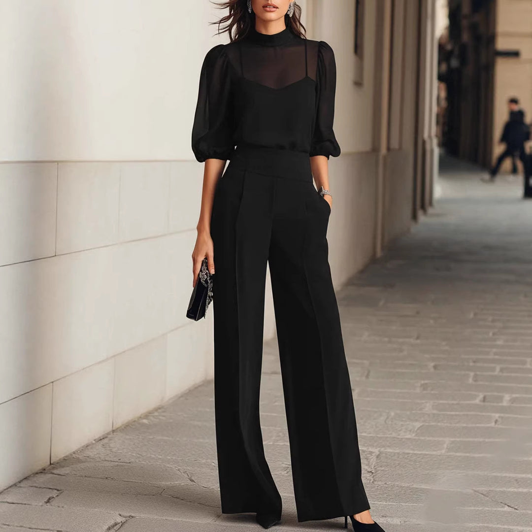 Damen elegantes Blusenset mit weiten Beinen und transparenten Ärmeln EB