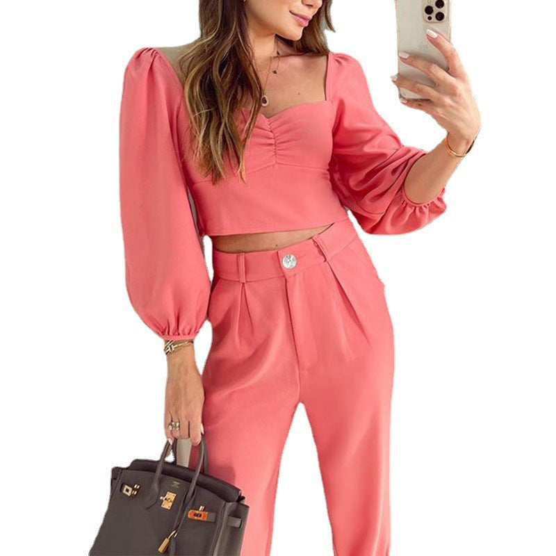 Damen Crop-Top und High-Waist Hose Set mit Puffärmeln EB