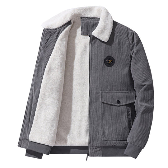 Herren Cord-Truckerjacke mit Sherpa-Kragen, Reißverschluss und aufgesetzten Pattentaschen EB