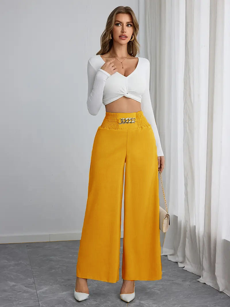 Damen Weite High-Waist Hose mit dekorativem Gummizug und modischem Gürtel EB