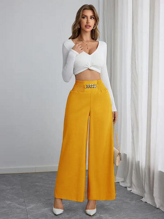 Damen Weite High-Waist Hose mit dekorativem Gummizug und modischem Gürtel EB