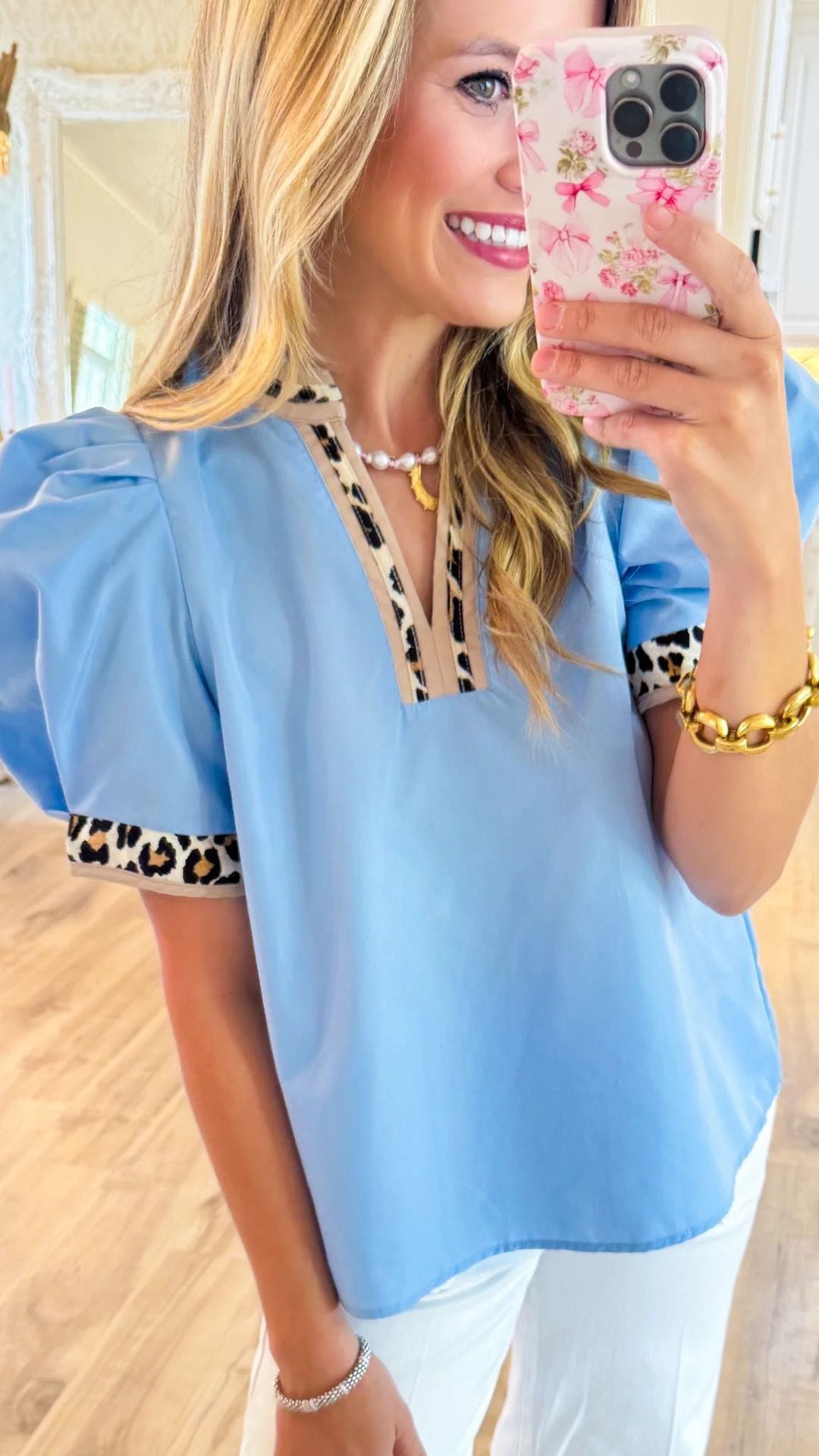 Damen Bluse mit Puffärmeln und animalischen Akzenten Heidi-Mode