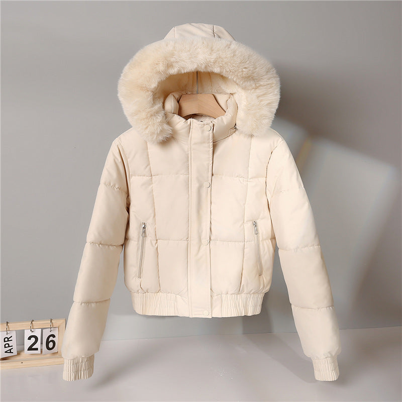 Damen nan kurzer isolierender Kapuzenblouson mit voluminöser Pelzkragenblende und elastischem Rippsaum EB