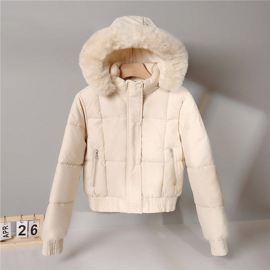 Damen nan kurzer isolierender Kapuzenblouson mit voluminöser Pelzkragenblende und elastischem Rippsaum EB