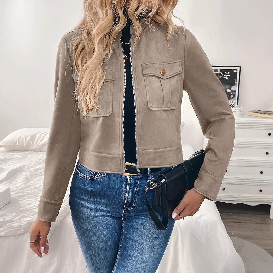 Damen modische Kurzjacke aus hochwertigem Kunstleder mit praktischen Taschen EB