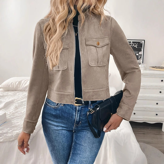 Damen modische Kurzjacke aus hochwertigem Kunstleder mit praktischen Taschen EB