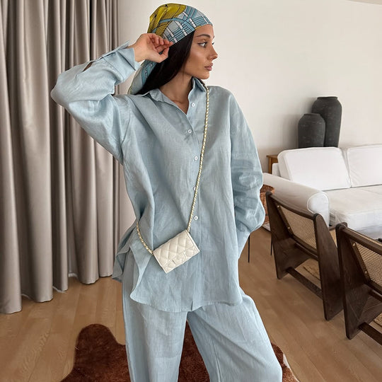 Damen lässiges Leinen-Loungewear-Ensemble EB
