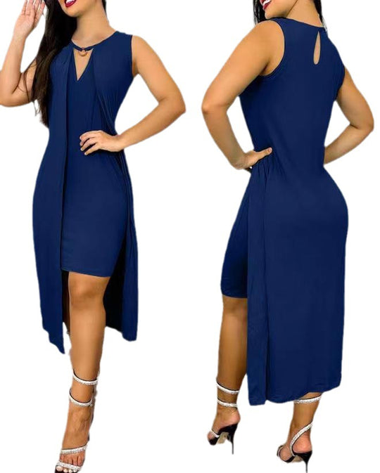 Damen ärmelloses Maxikleid mit tiefem V-Ausschnitt und seitlichem Schlitz EB