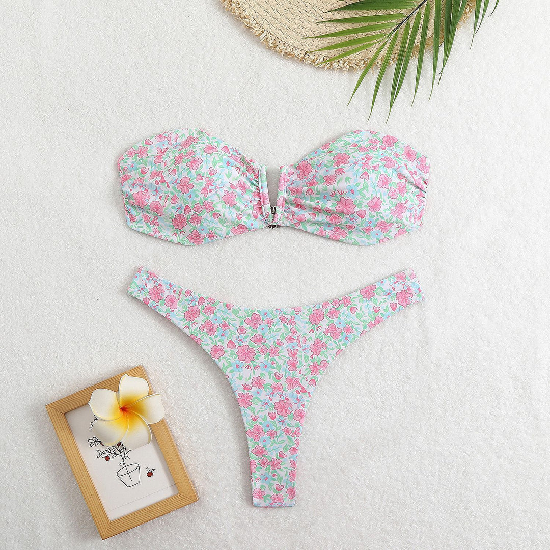 Damen Bandeau-Bikini mit floralem Design und elegantem Verschluss EB