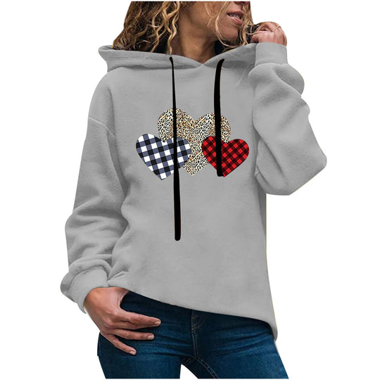 Damen nan lässiger Oversize Kapuzenpullover mit Herz‑und‑Pfotenprint, Kordelzug und gerippten Bündchen EB