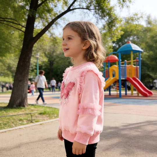 Mädchen Sweatshirt mit glänzendem Schmetterlingsmotiv und Rüschendetails EB