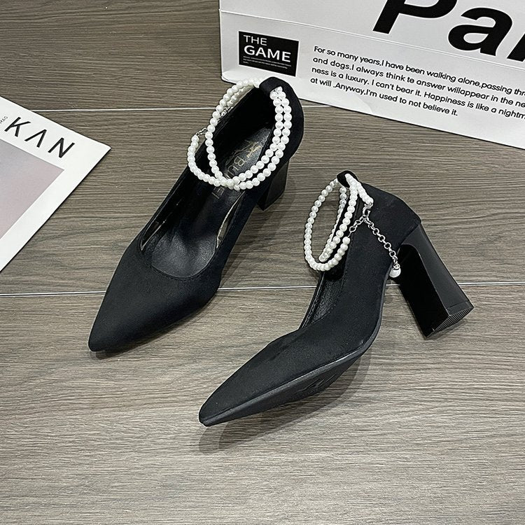 Damen elegante Pumps mit perlverziertem Riemen und blockiertem Absatz EB