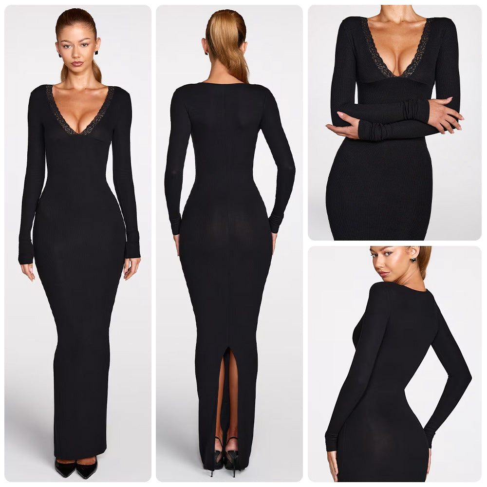 Damen figurbetontes Maxikleid mit tiefem V-Ausschnitt und eleganten Spitzenakzenten EB