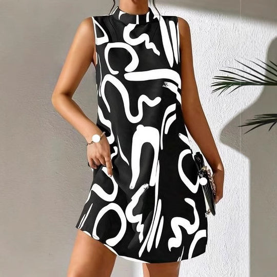 Damen A-linien Minikleid mit modernem grafischem Muster und Stehkragen EB
