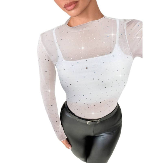 Damen transparentes Langarmshirt mit funkelnden Strassdetails EB