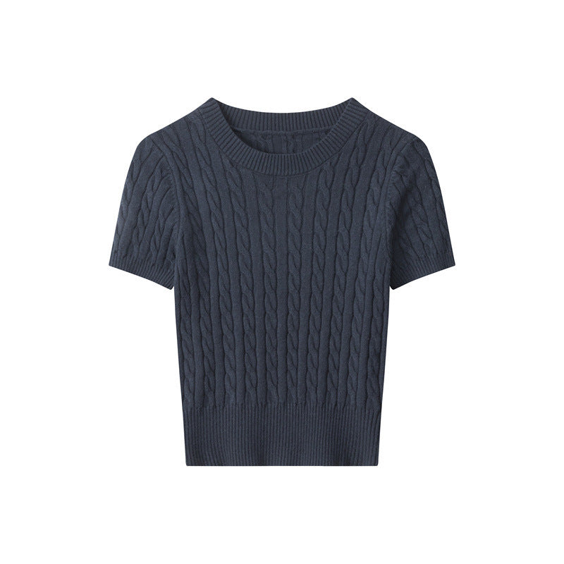 Damen Kurzarm Strickoberteil mit Kabelmuster EB