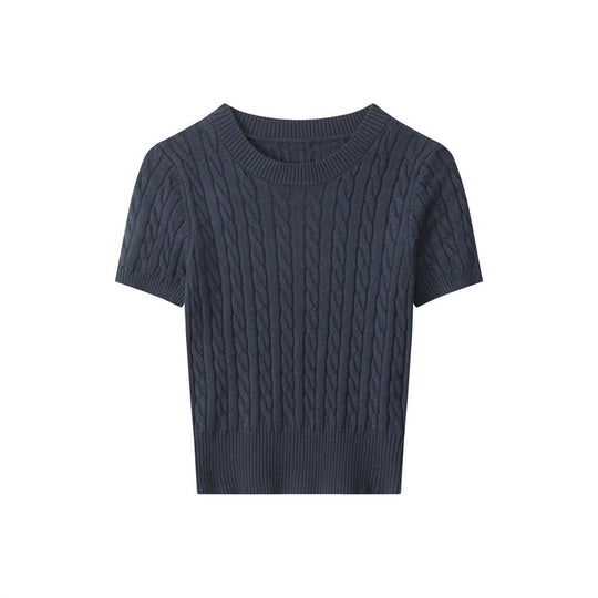 Damen Kurzarm Strickoberteil mit Kabelmuster EB