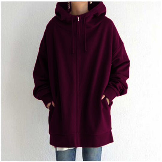 Damen nan oversized Kapuzenlongpullover mit Reißverschluss und Eingrifftaschen EB